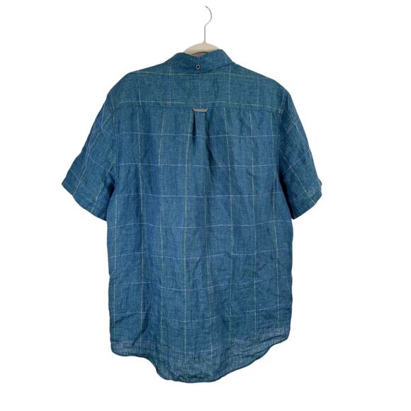 32 Bar Blues Blue Plaid 100% Linen Short Sleeve Button Down Shirt Mens Large - Picture 5 of 5